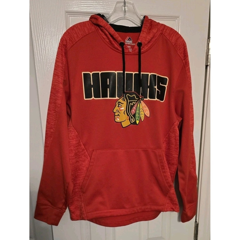 MAJESTIC Chicago Blackhawks Therma Base Red Hoodie Mens Medium NHL Hocker Fleece - Picture 1 of 9